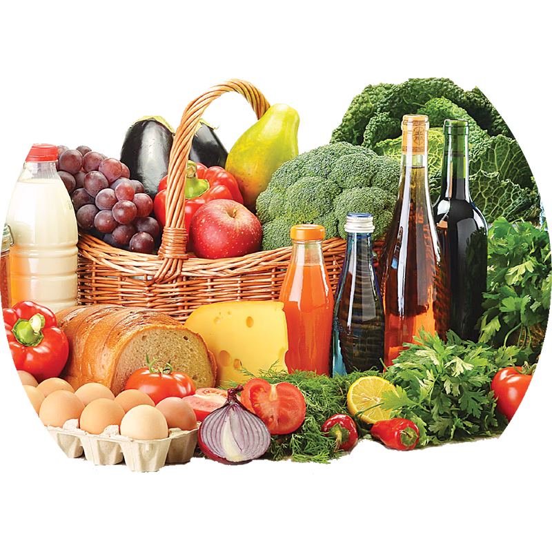 Assorted fruits, vegetables, dairy, and beverages arranged around a wicker basket